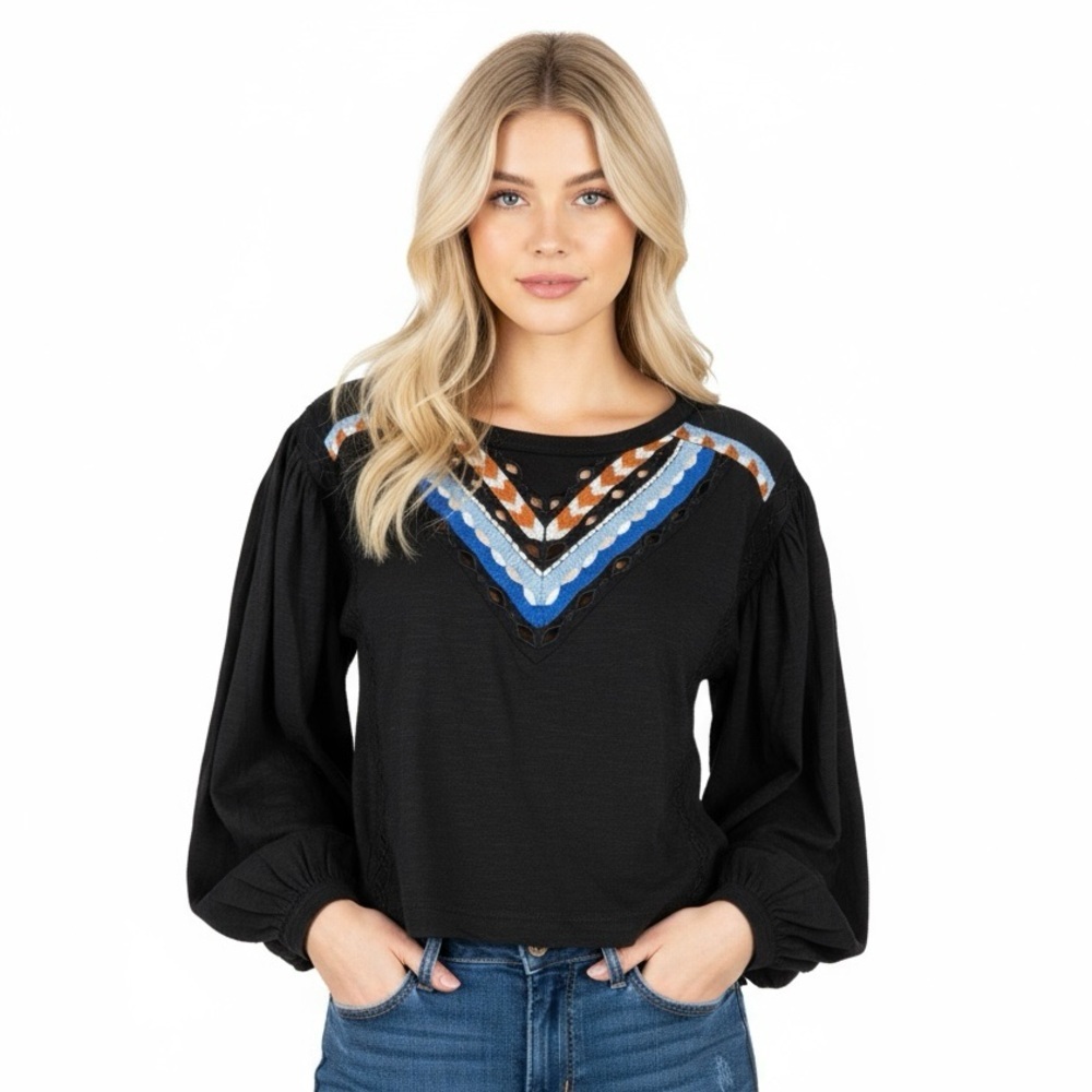 Free People NEW NWT Black Blouse with Blue and Brown Accents